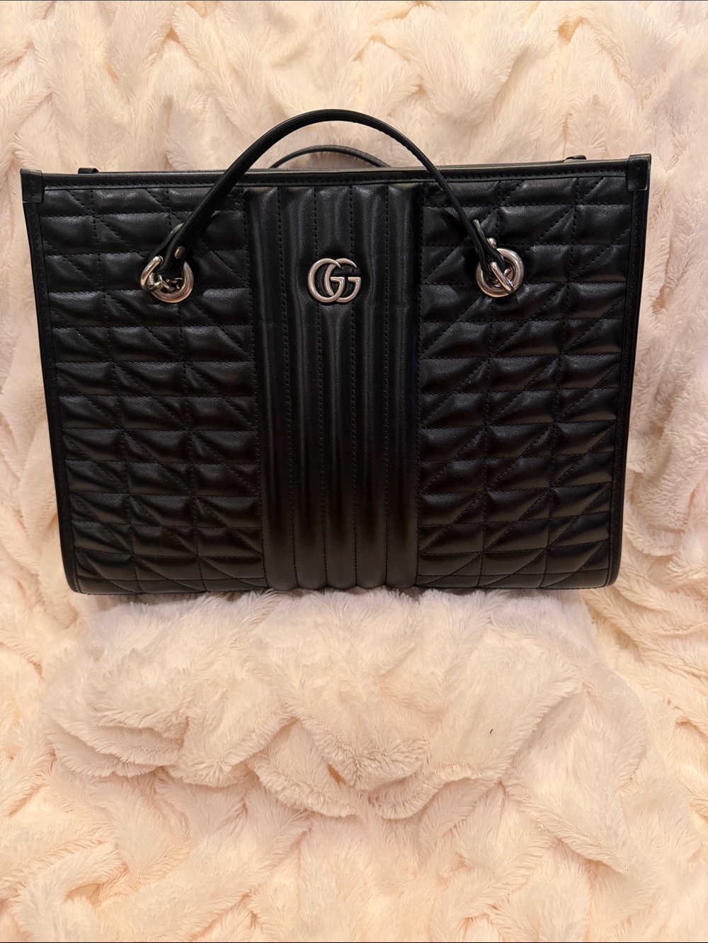 Gucci Black Quilted Leather Top Handle Tote with Silver Hardware